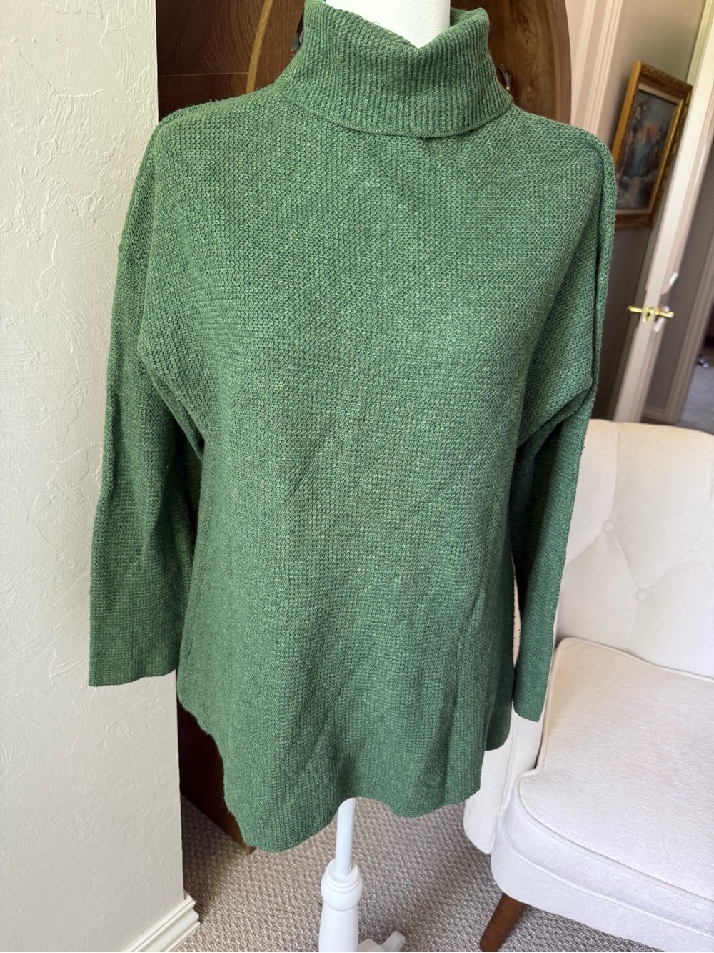 Eileen Fisher XL Green Wool Cashmere Angora Turtleneck Tunic Sweater